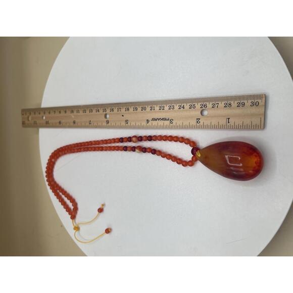 Orange Beaded Necklace with Amber Teardrop Pendant - Picture 5 of 6